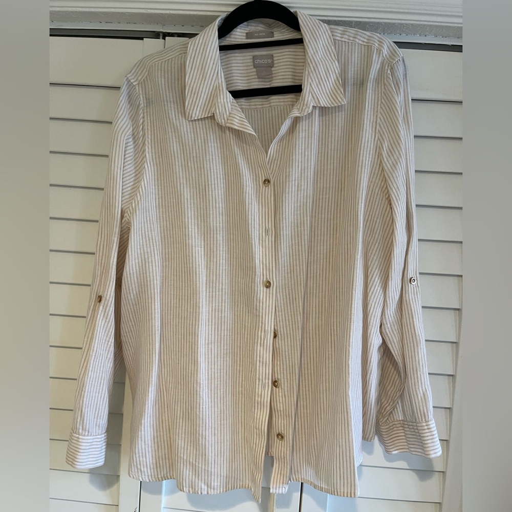 Chico's Cream and Taupe No Iron Linen Striped Shirt Blouse size 4